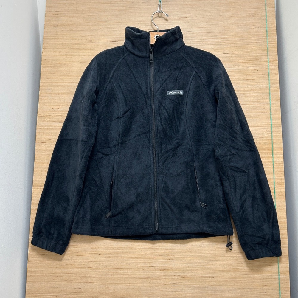 Columbia Womens Full Zip Fleece Jacket Black Mock Neck Size Medium Raglan Sleeve